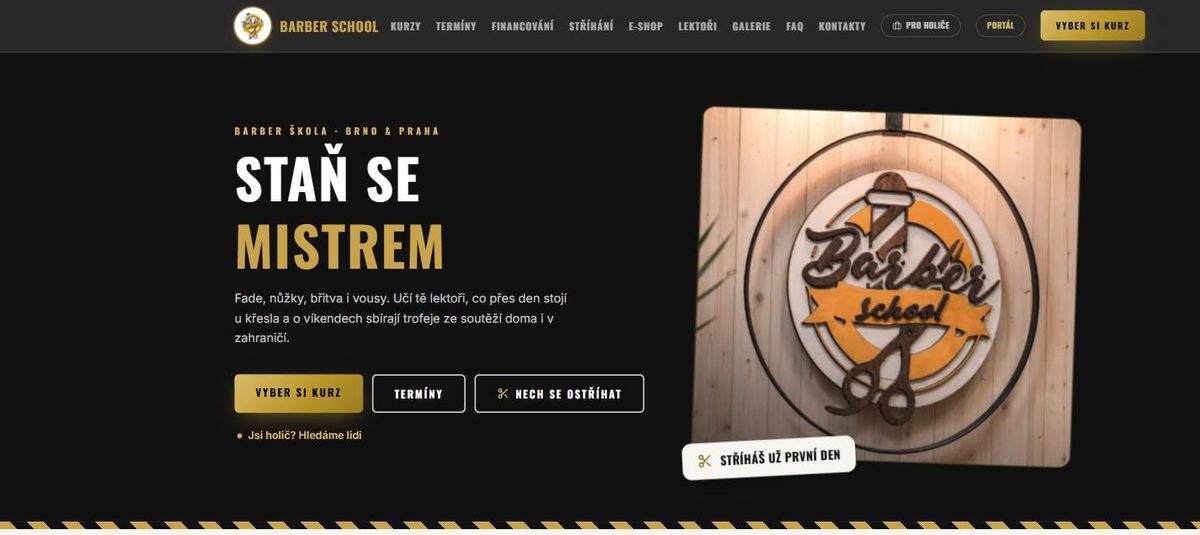 Skutečná úvodní stránka barberschool.cz — web školy Barber School s online rezervacemi